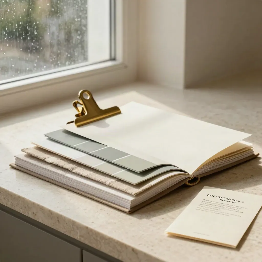 Open loft room refresh kit with plan boards, linen swatches, paint strips, lamp sample, and brass clip on stone.