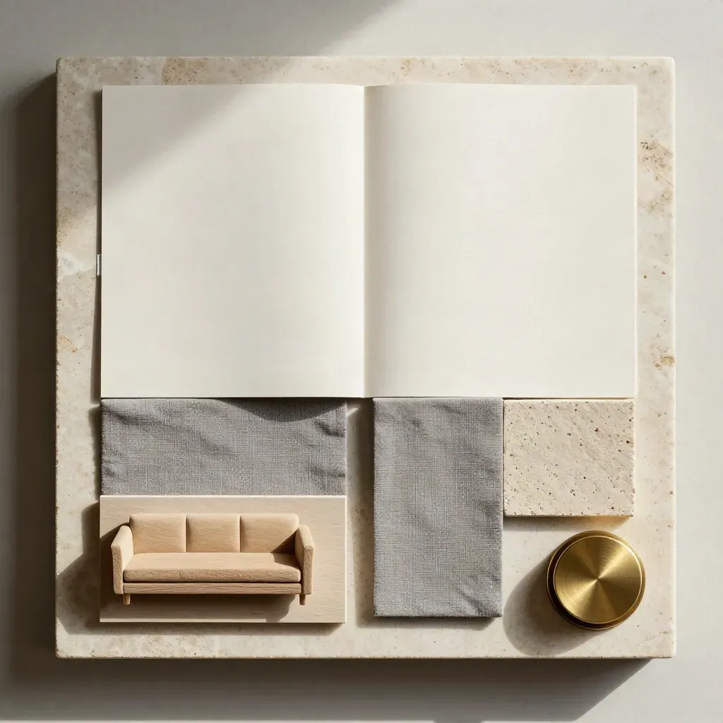 Overhead flatlay of a loft styling plan with swatches, stone, brass and a tiny sofa block.