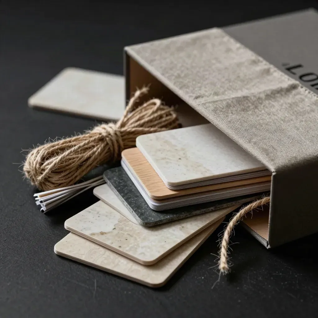 Partly opened staging box with linen, twine, and decor samples spilling out on a dark studio floor