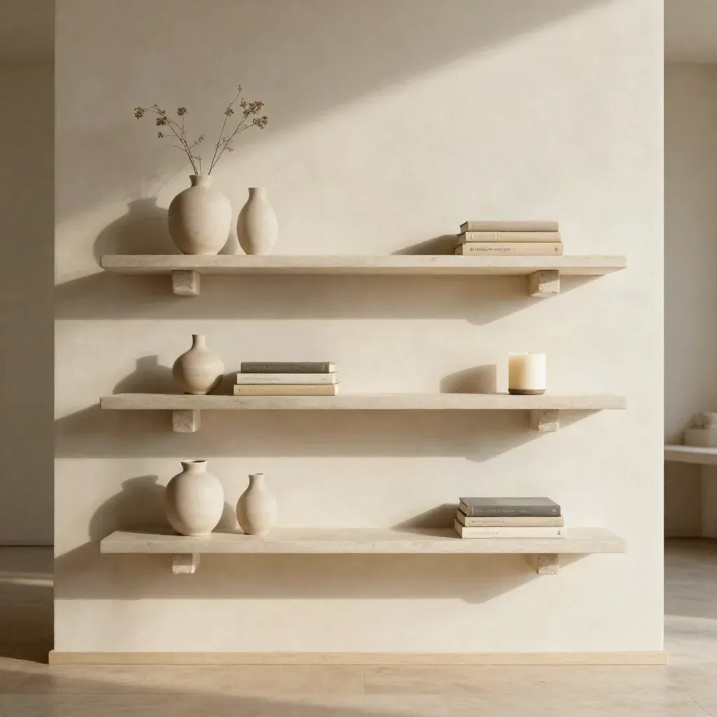 Three ivory wall shelves with vase, books and candle on a warm plaster loft wall.