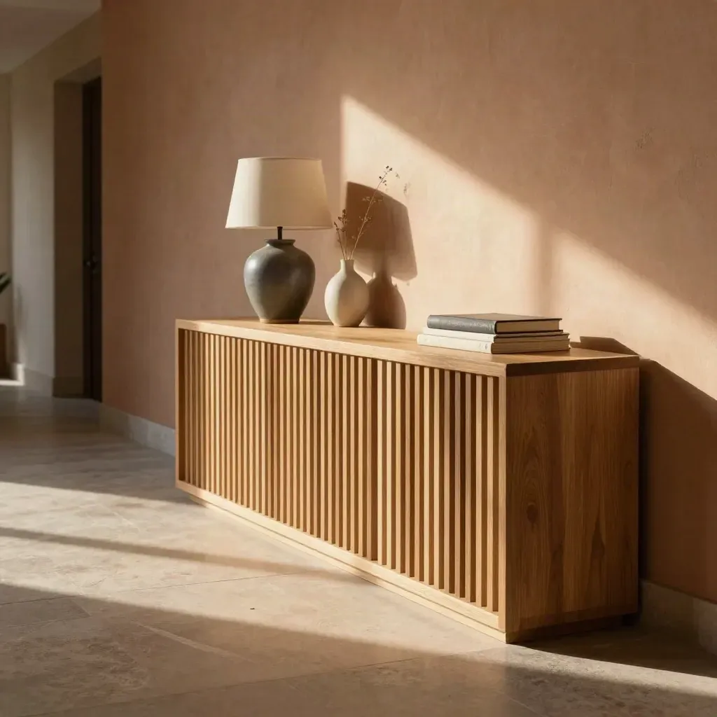 Oak slat console table in a sunlit hallway with lamp, vase, and books.