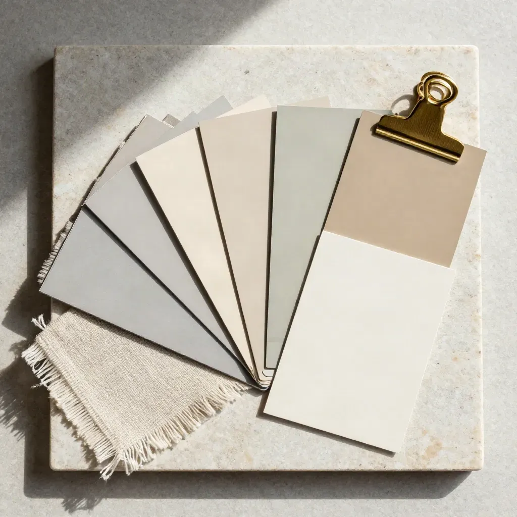 Overhead room color board kit with paint chips, swatches, brass clip and linen scrap on stone.