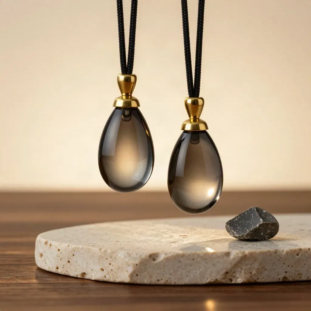 Smoke glass pendant pair above travertine with brass caps and braided cords