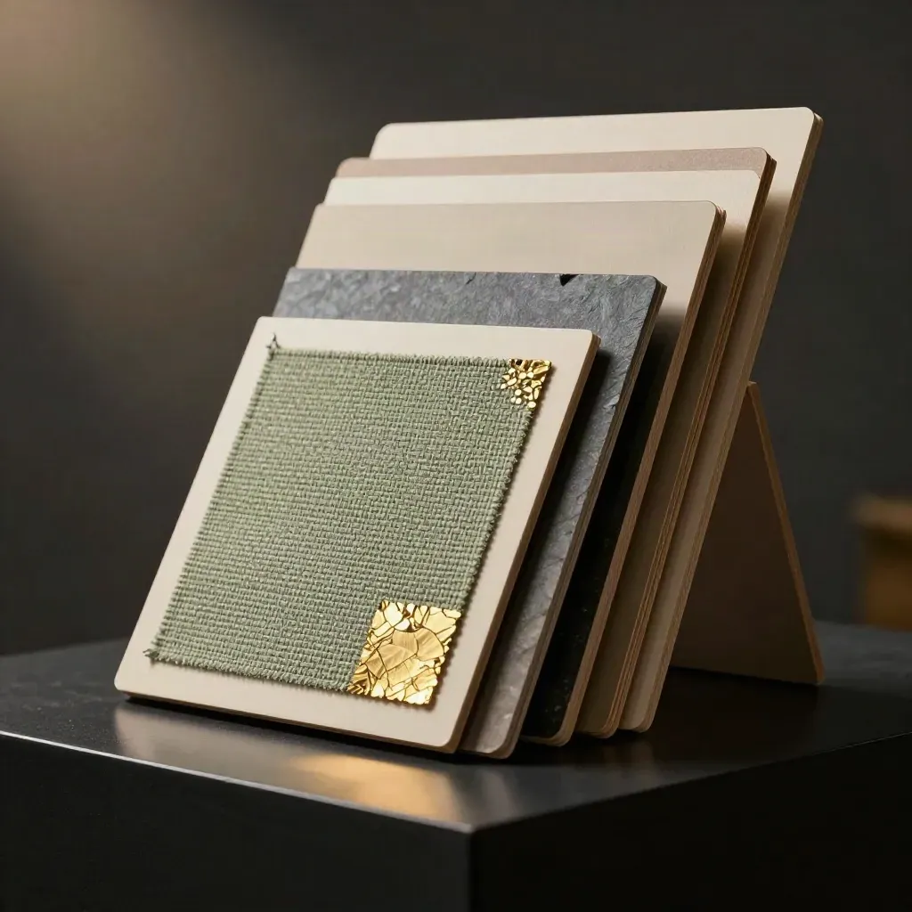 Triptych style boards with sage fabric, brass chips, slate samples, and ivory cards on a black pedestal.