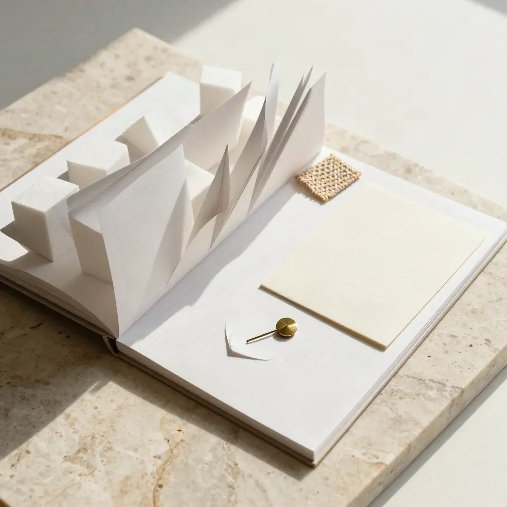 Overhead flatlay of layout sheets, model blocks, fabric chip and brass pin on travertine.