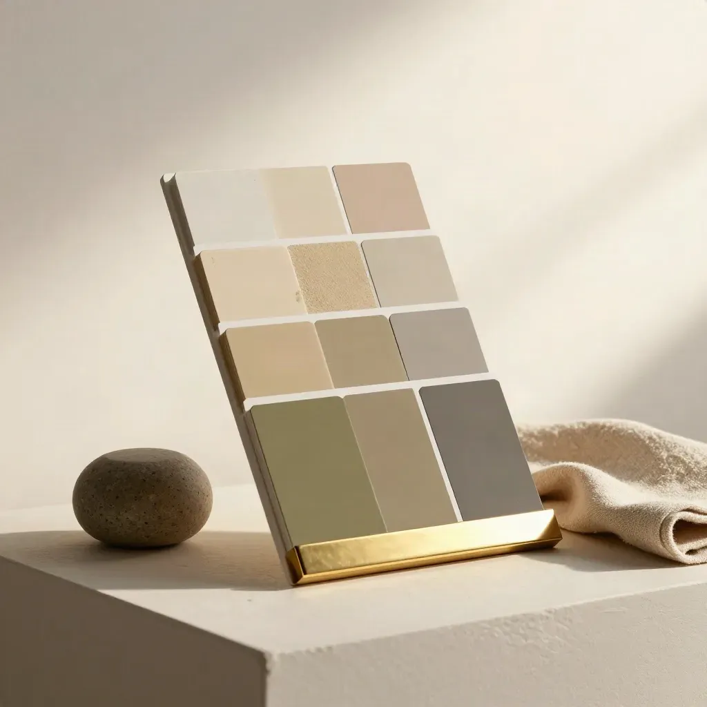 Paint swatch board with twelve matte chips, stone weight, and folded cloth on a plaster plinth.
