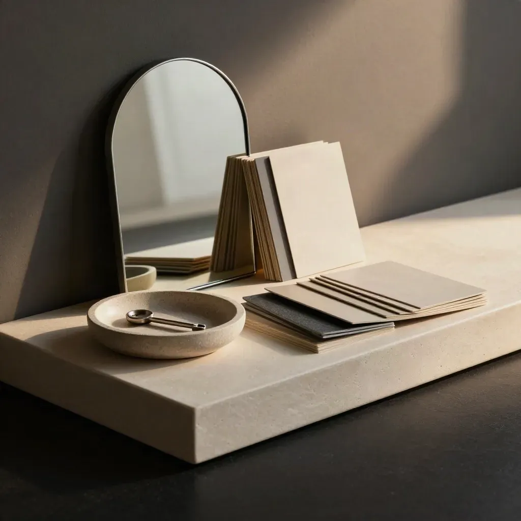 Slim mirror, tray, key bowl and material cards on a pale plinth in a dark studio vignette.