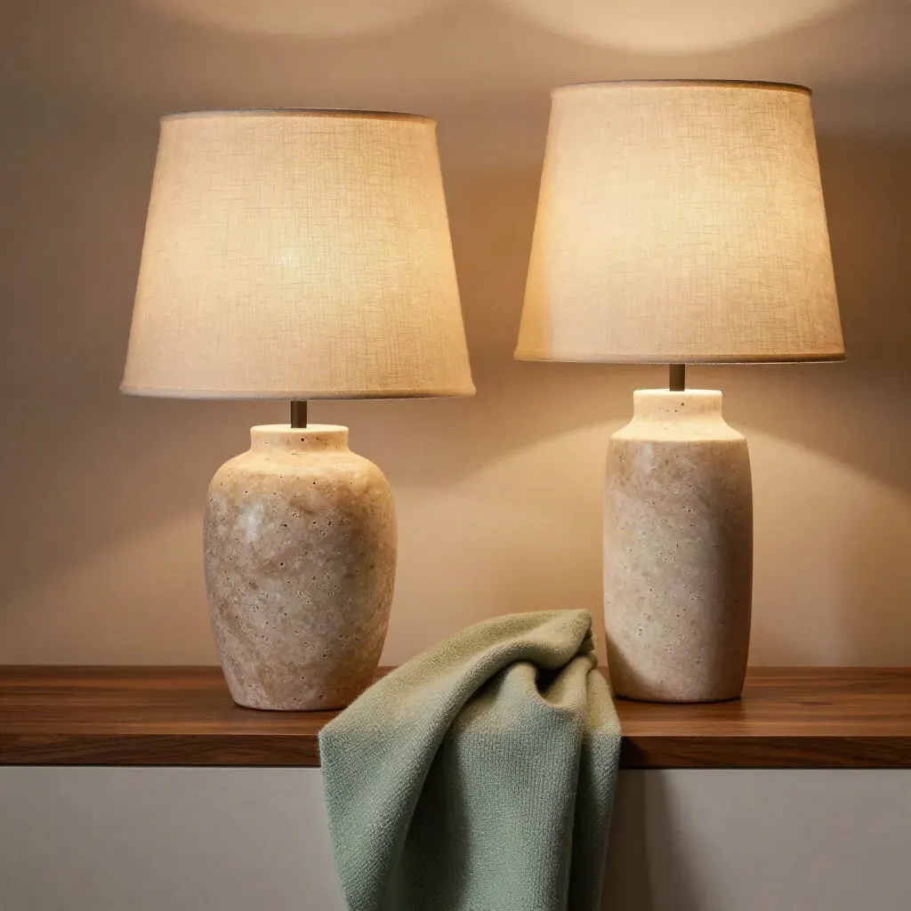 Two linen table lamps with travertine base and wool cloth, one lit and one in shadow