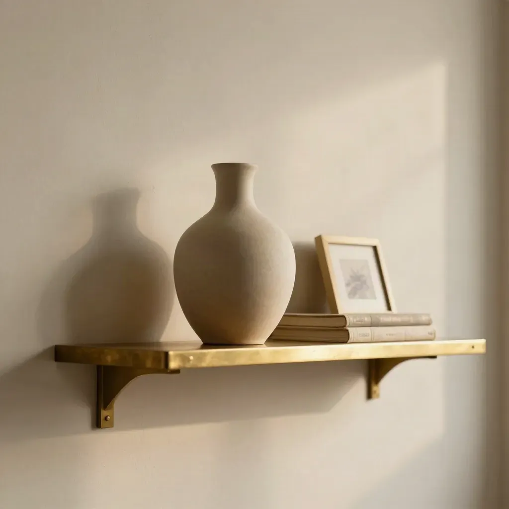 Brass wall shelves with vase, books and a small framed object in a pale loft corner