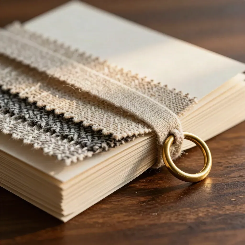Fabric swatches, tied card stack, and sample strips on dark walnut wood with brass accents.