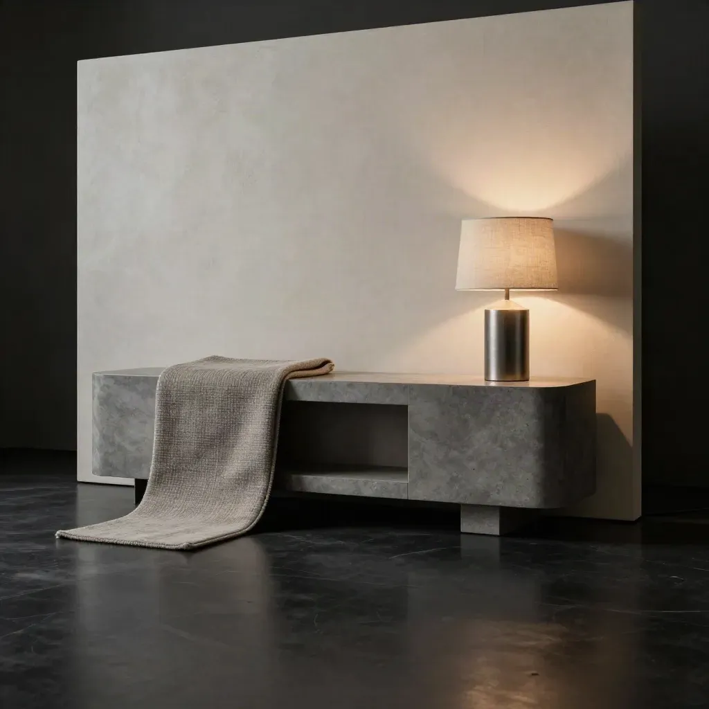 Open Plan Focal Kit with lamp sample, rug swatch and console model on a matte-black studio surface.