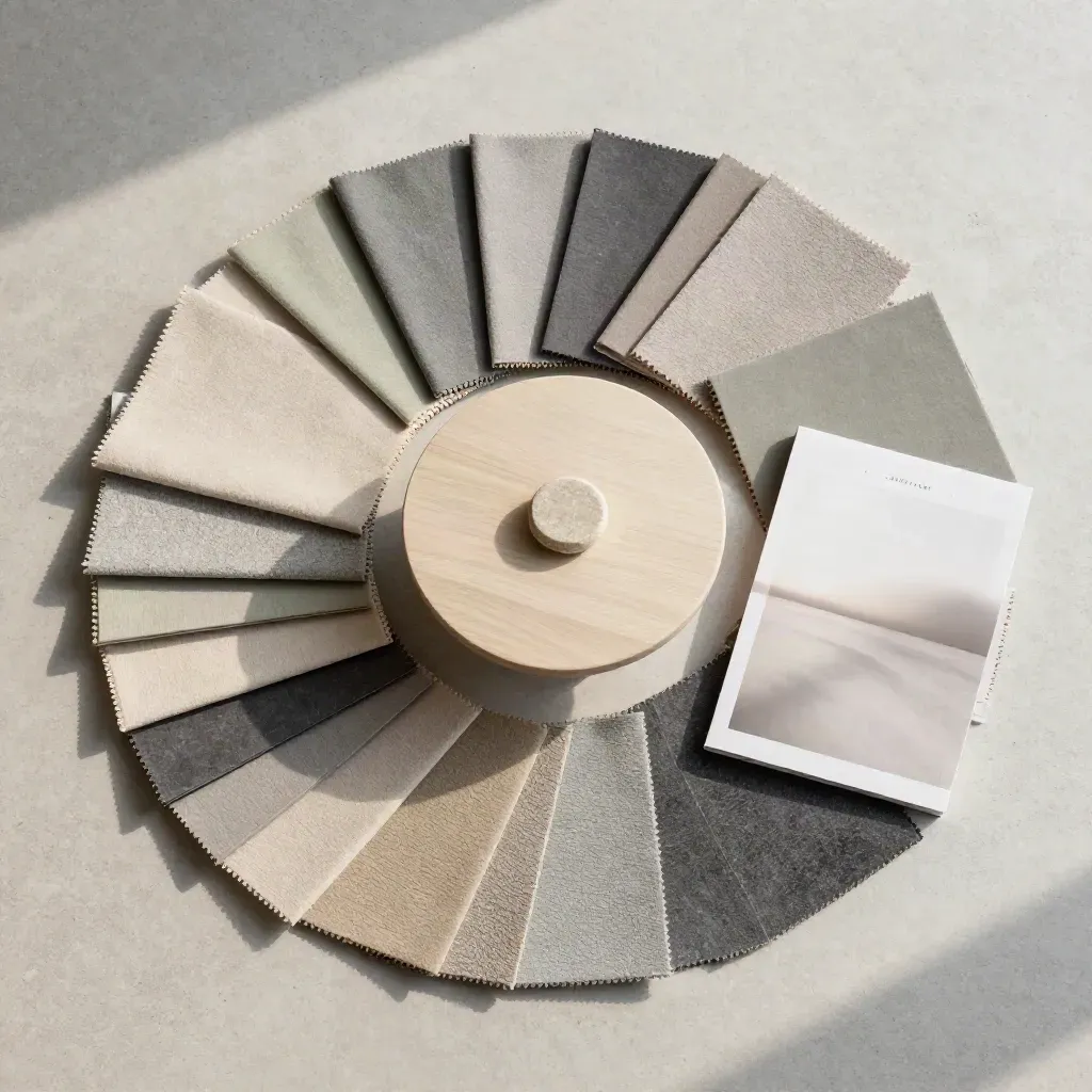 Overhead dining concept flatlay with mood boards, fabric swatches, table model, stone chip, and soft shadows.