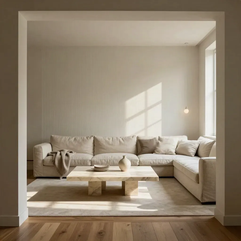 Sunlit loft living room with marble table, linen sofa, and soft plaster wall