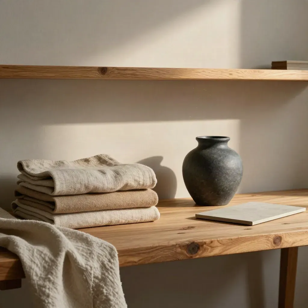 Oak workbench with folded staging linens, slate ceramic vessel, and soft studio wall light.