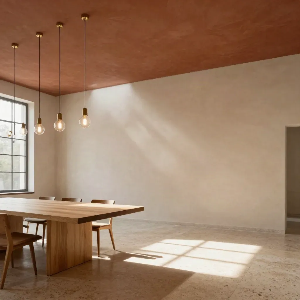 Sunlit loft dining zone with smoke-glass pendants, pale plaster walls, and brass accents.