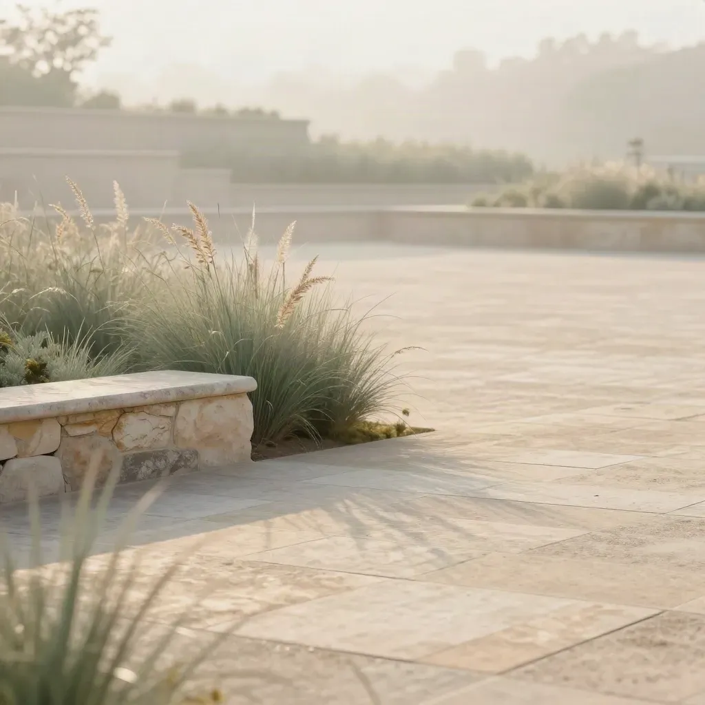 Sage grasses and pale stone courtyard edge in morning mist with soft sunlit haze.