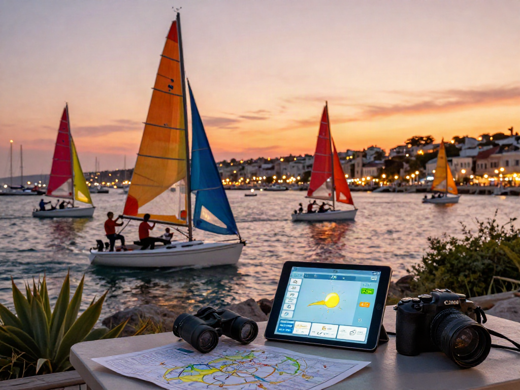 Nautical scene with sailors preparing for a race, highlighting slot 5k weather conditions and vibrant sunset reflections.