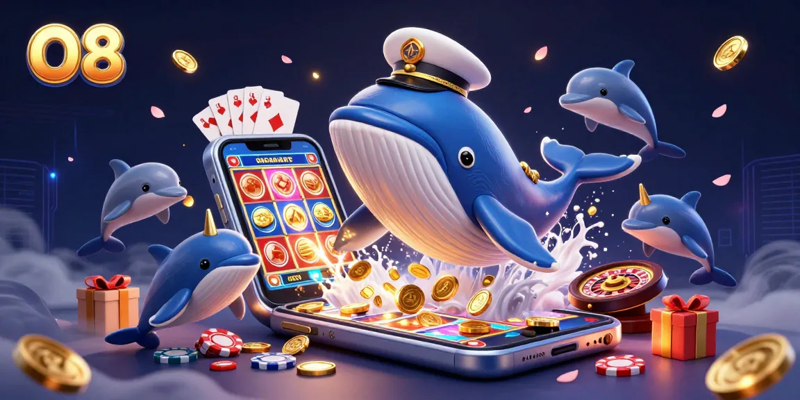 Experience the thrill of O8 with a vibrant scene featuring a whale, narwhal, and dolphins amidst casino elements.