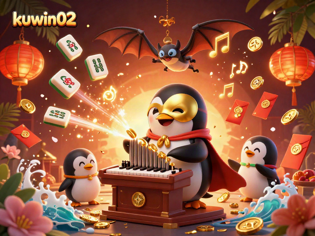 Kuwin02 promotes thrilling casino action, featuring festive graphics with gold coins and enchanting characters.