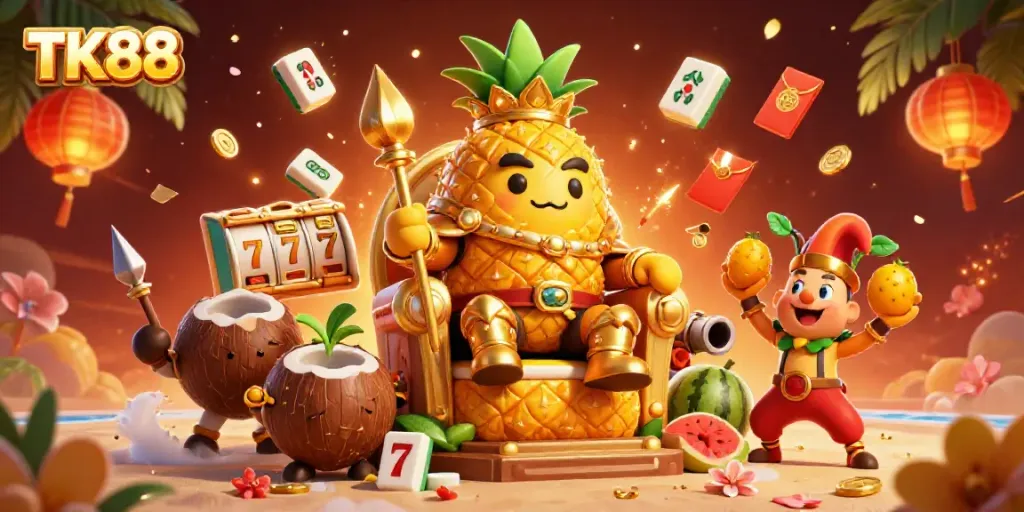 Engage with the dynamic gaming scene of TK88 featuring a pineapple king, jester, and casino elements.