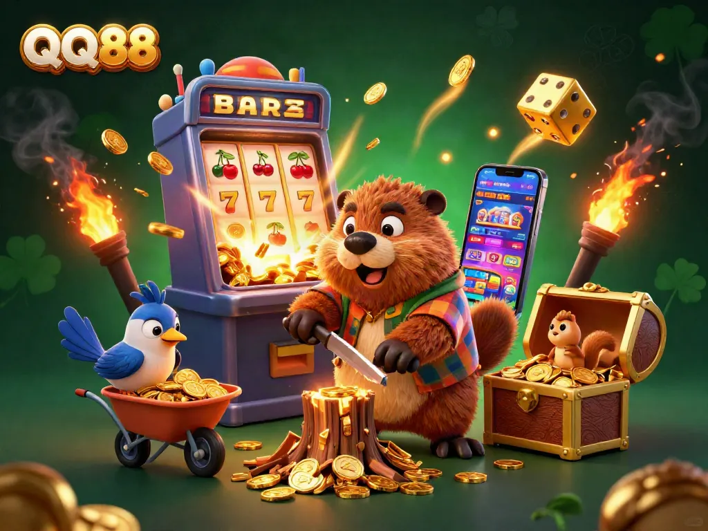 Engage in thrilling wins with QQ88's vibrant casino experience, featuring cartoon characters in a gold-filled adventure.