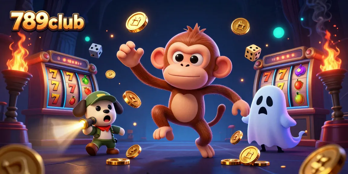 Experience the thrill of 789club with a playful poltergeist monkey juggling golden casino elements.