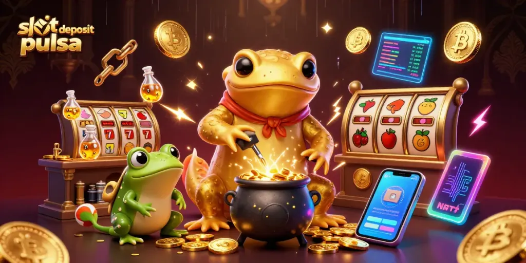 Experience thrilling wins with slot deposit pulsa in this vibrant 3D gaming scene.