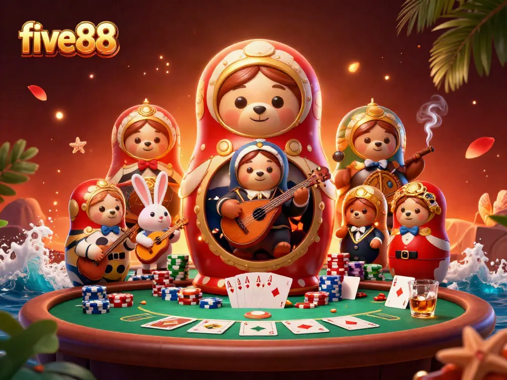 Experience five88 with a vibrant casino scene featuring animated characters and dynamic poker action.