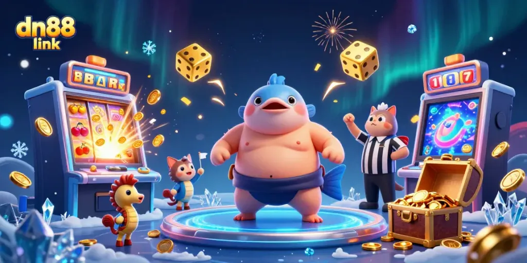 Engage with exciting dn88 link gameplay featuring a cartoon fugu in a dynamic underwater casino scene.