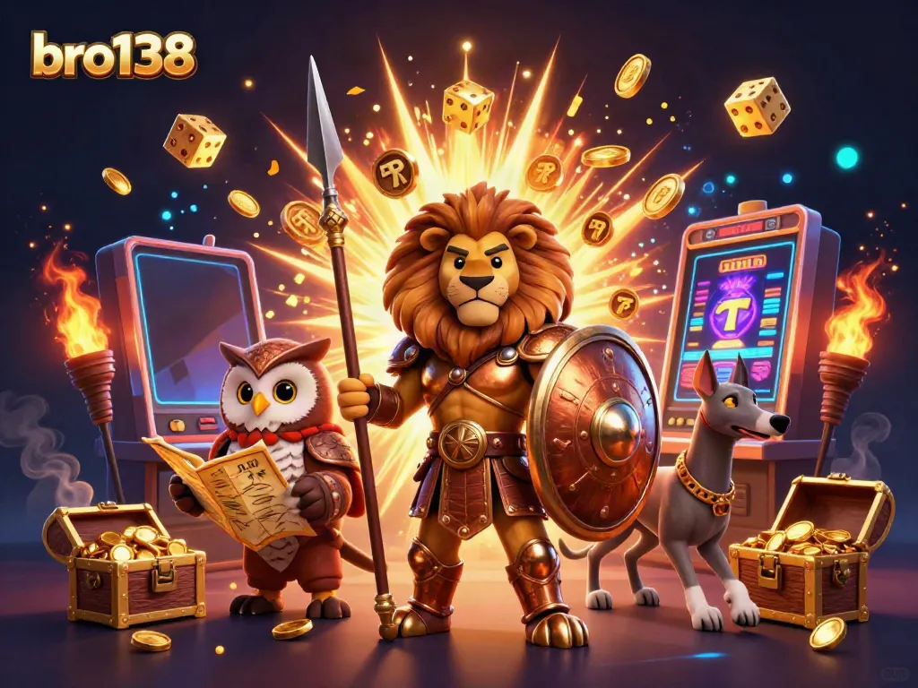 Experience the excitement of bro138 with an intricate 3D illustration showcasing a Spartan lion, an owl strategist, and a greyhound amidst casino elements.