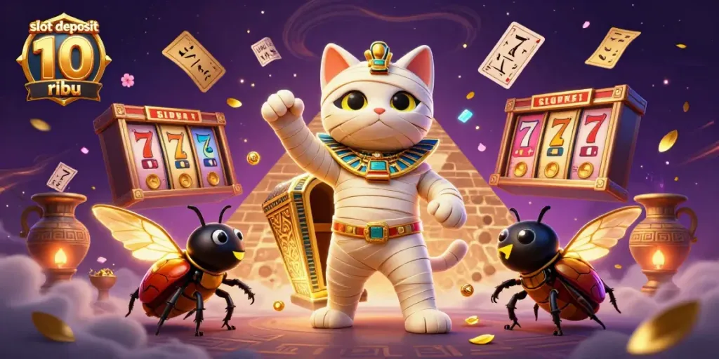 Experience the thrill of slot deposit 10 ribu with a colorful scene featuring a mummy cat bursting from a sarcophagus in a vibrant casino.