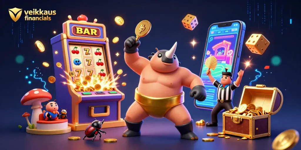Engaging illustration of the veikkaus financials theme with dynamic casino elements and characters.