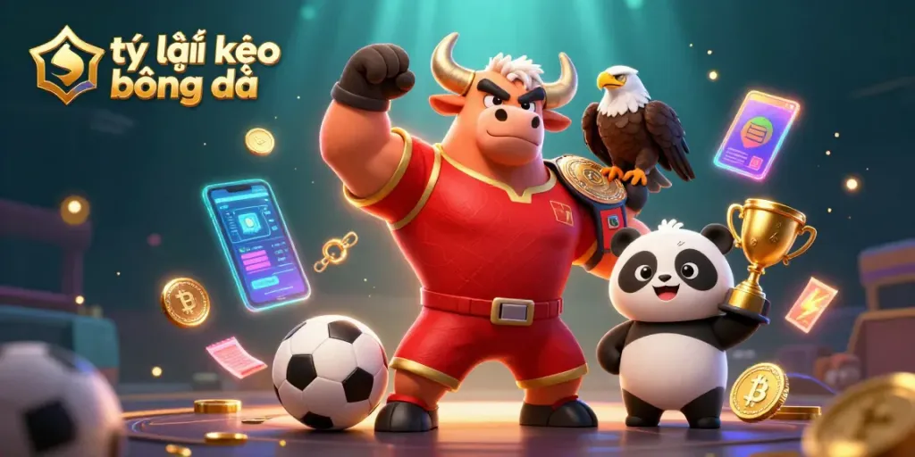Engage with tỷ lệ kèo bóng đá through an energetic scene featuring sports elements, mascot characters, and exciting betting visuals.