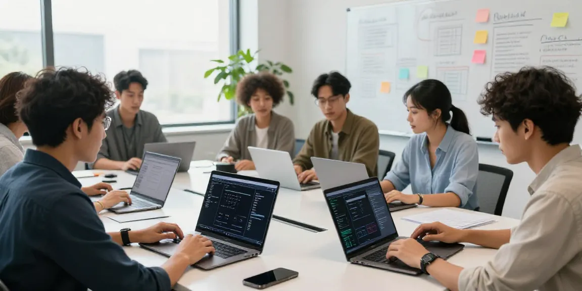 Team collaborating to generate product features with AI in an innovative tech workspace.