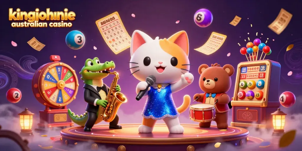 Engaging scene featuring kingjohnnie australian casino with animated characters and colorful gaming elements
