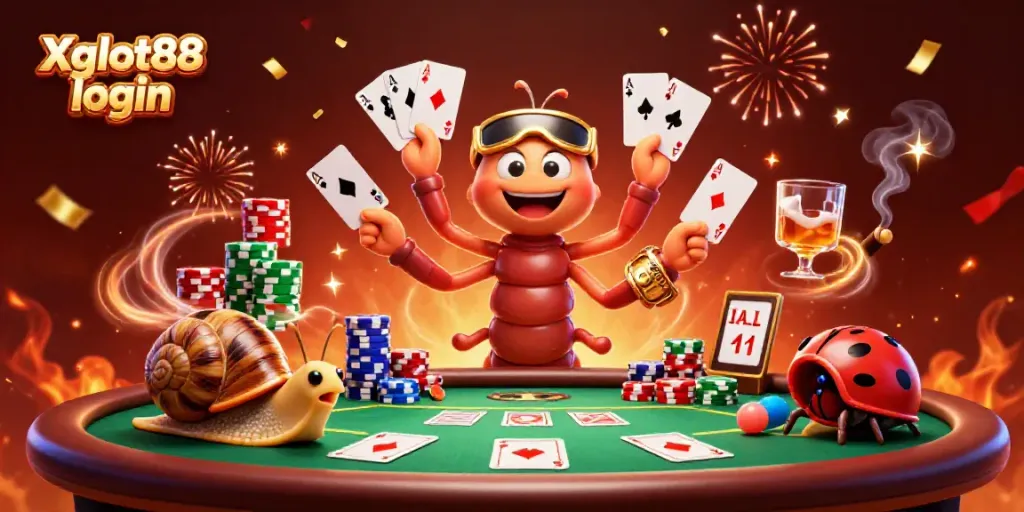 Menyambut peluang dengan Xgslot88 login, pemain memperhatikan kartu pada meja poker dengan dealer yang ceria.