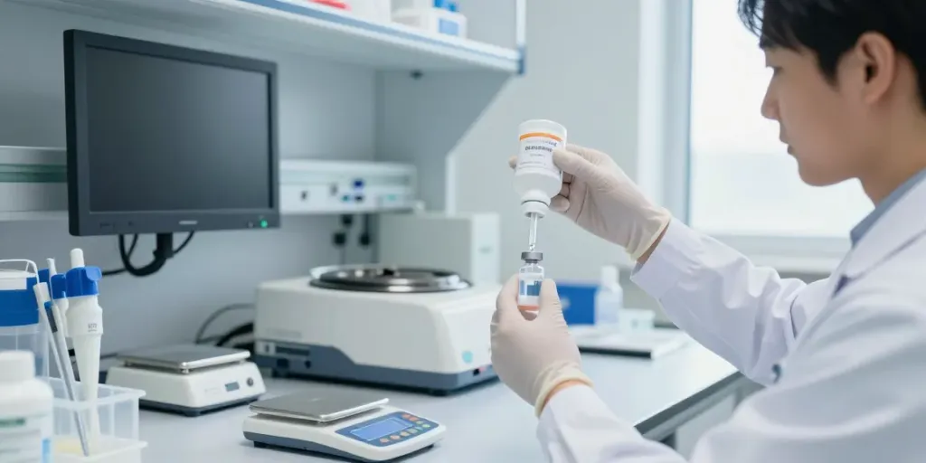 Researcher preparing the glow 70 peptide blend in a professional lab environment.