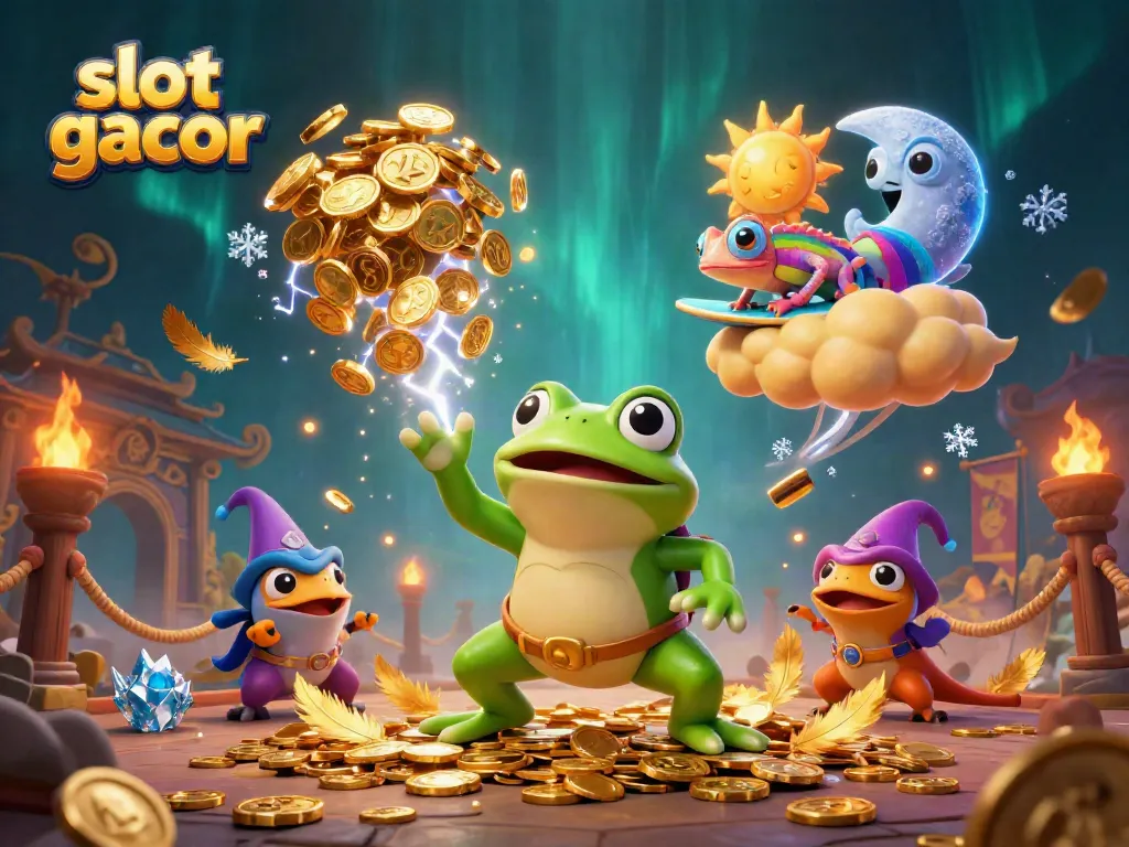 Exciting slot gacor scene with a wizard frog and chameleon surrounded by golden coins.