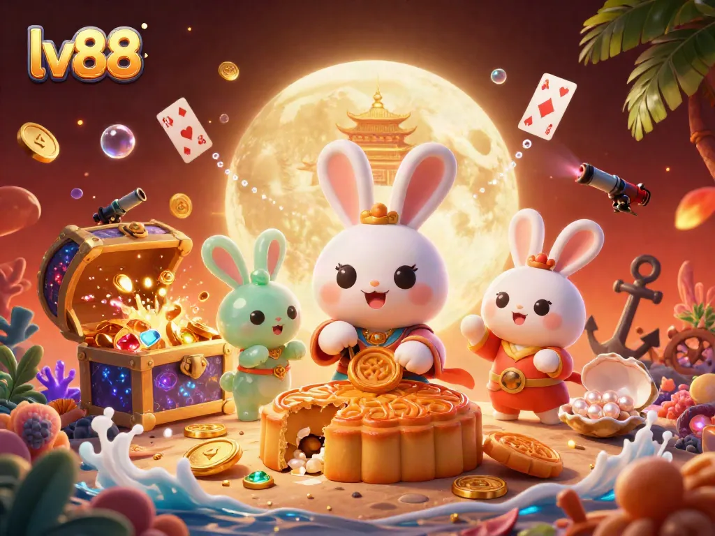Experience thrilling gaming at lv88 with a moon rabbit cracking golden mooncakes revealing poker chips.