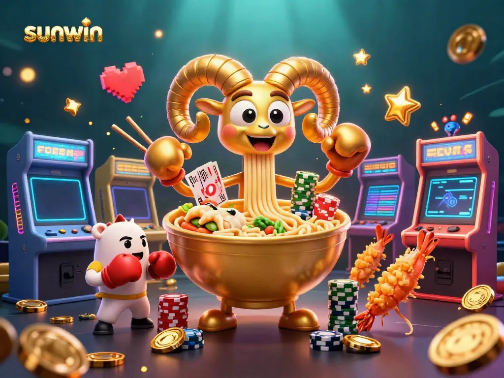Experience the excitement at Sunwin with a vibrant 3D scene featuring unique game elements and cheerful characters.