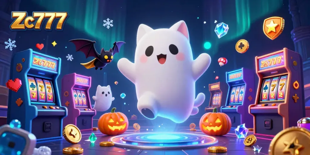 Play exciting casino games with Zc777's vibrant characters and elements in a haunted mansion.