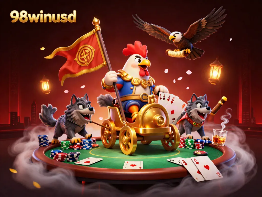 98winusd showcases an exciting 3D scene with a rooster warlord and dynamic poker elements.