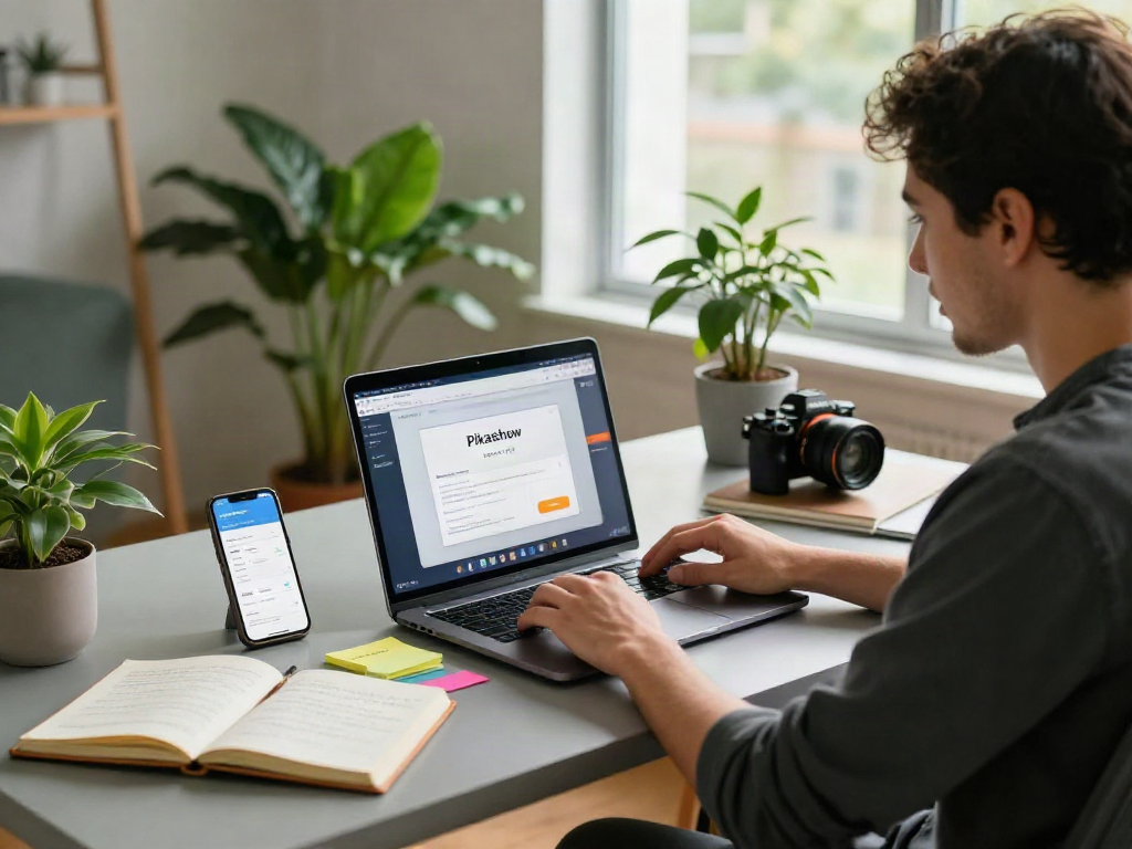 Pikashow APK download in a modern home office with vibrant notes and plants.