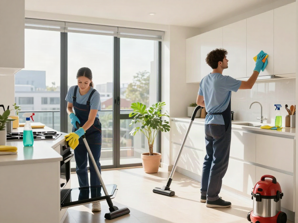 Vacate cleaning Melbourne team scrubbing kitchen with eco-friendly products.