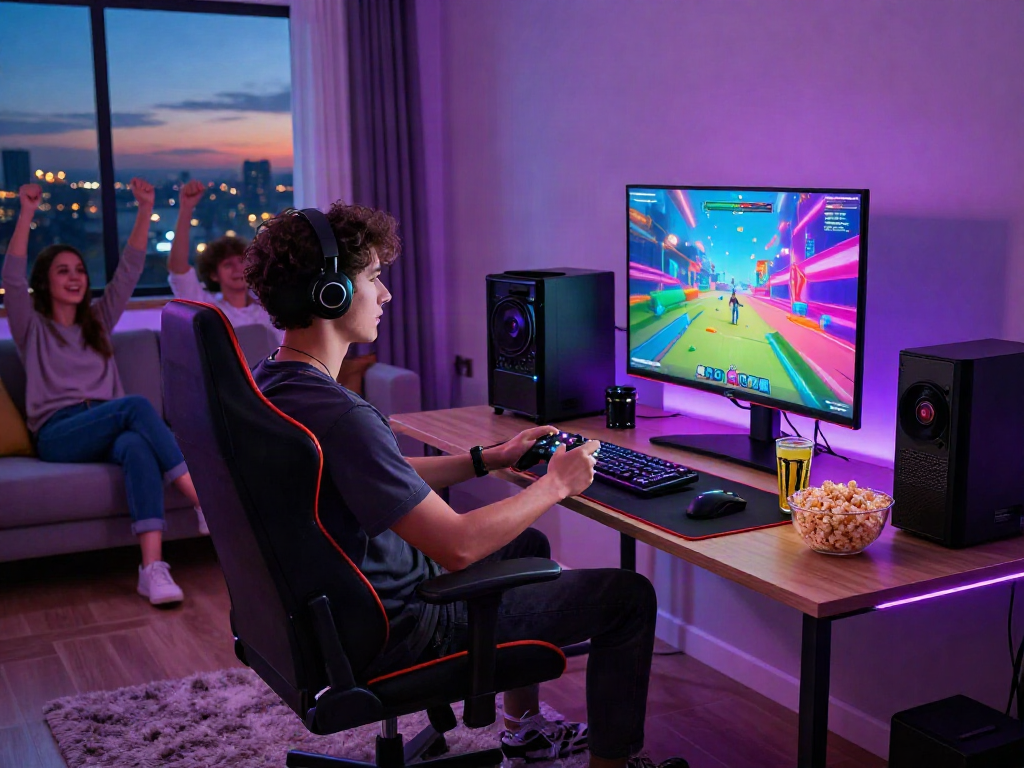 Exciting gaming setup featuring MOD Games on screen, colorful LED lights and gaming snacks creating an immersive atmosphere.
