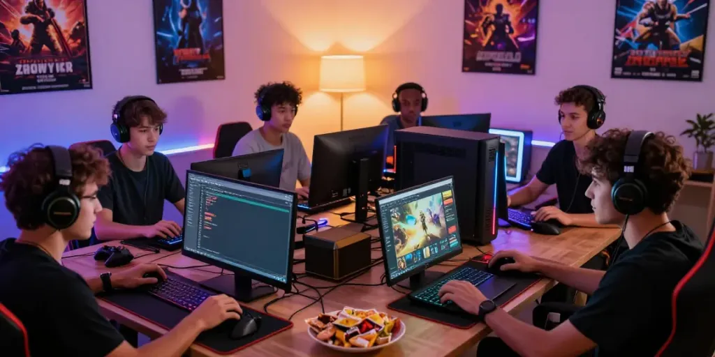 Group of gamers enjoying popular game online with immersive setups.