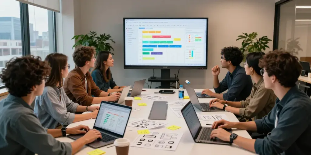 Engaged team collaborating on MVP development service project in a modern office space.