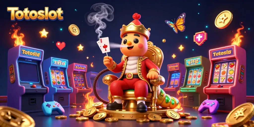 Simulasikan kemenangan di kasino dengan Totoslot dan simbol slot berwarna-warni.