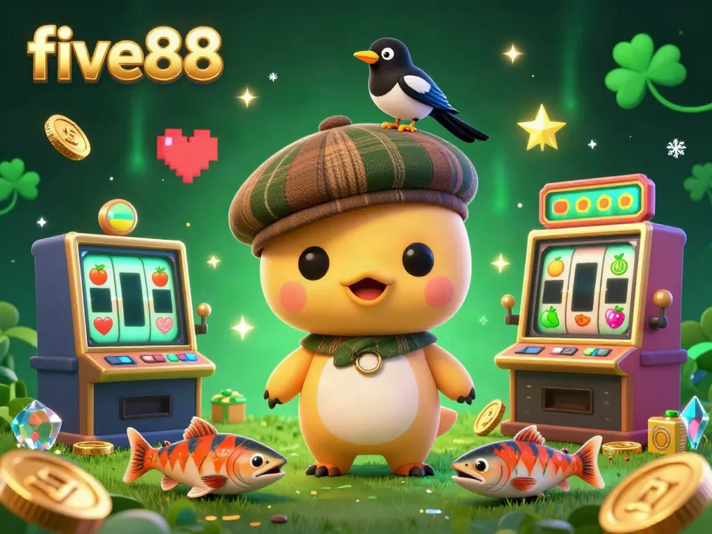 Play exciting games at five88 with cute Nessie, glowing slot machines, and dynamic jackpot symbols.