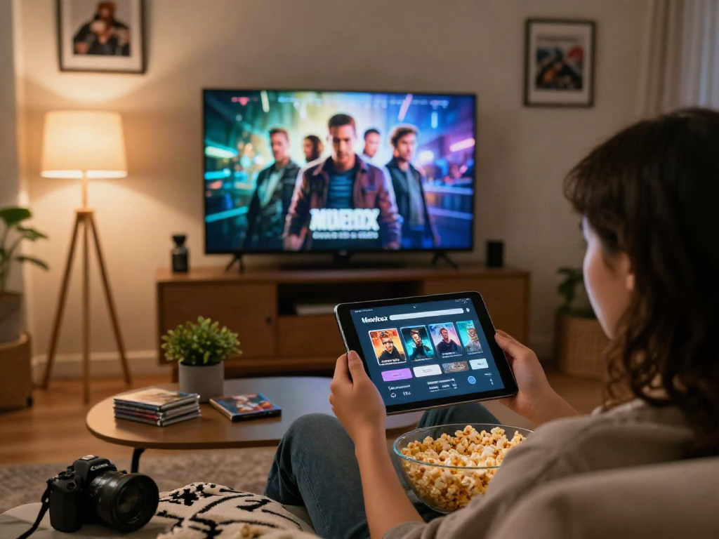 Enjoying the Moviebox app while streaming movies in a cozy living room.